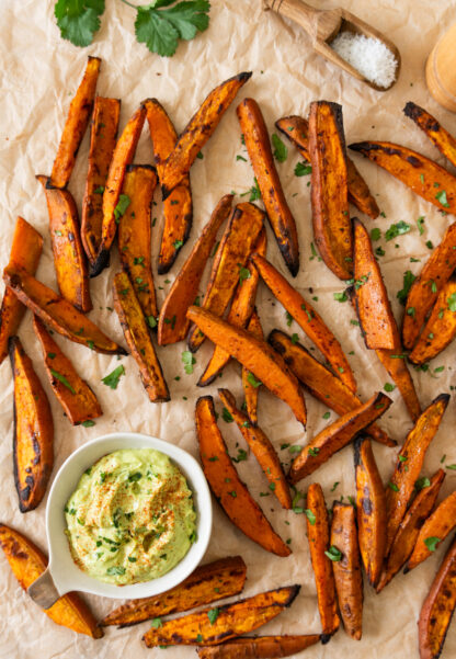 Sweet potato fries are so addictive! Crispy and slightly charred on the edges, they make a great side or snack to enjoy with an avocado dip.