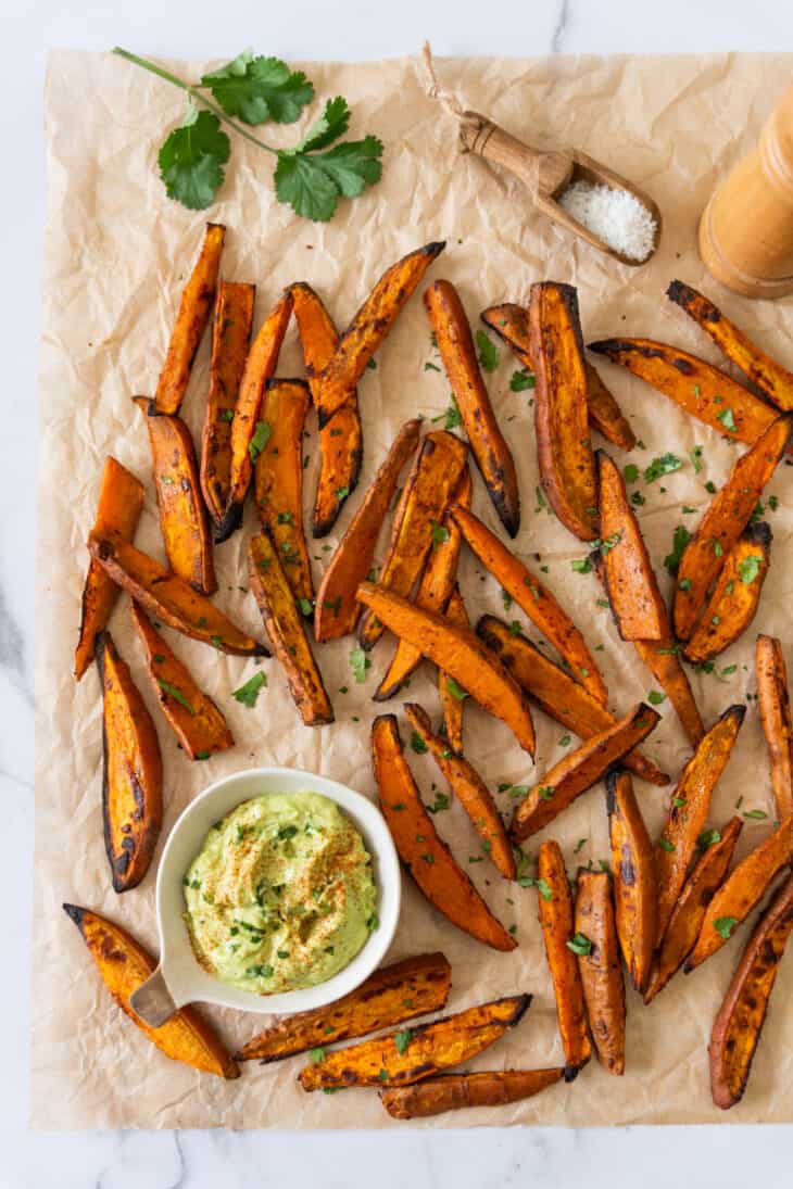 Sweet potato fries are so addictive! Crispy and slightly charred on the edges, they make a great side or snack to enjoy with an avocado dip.