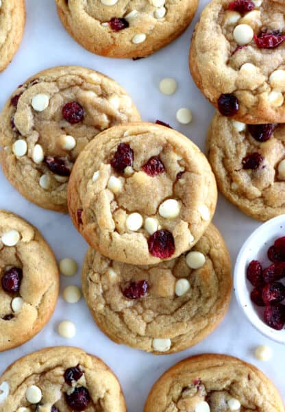 These are the BEST white chocolate cranberry cookies! Thick, soft and chewy, with crispy edges, they are deliciously sweet and slightly tart.