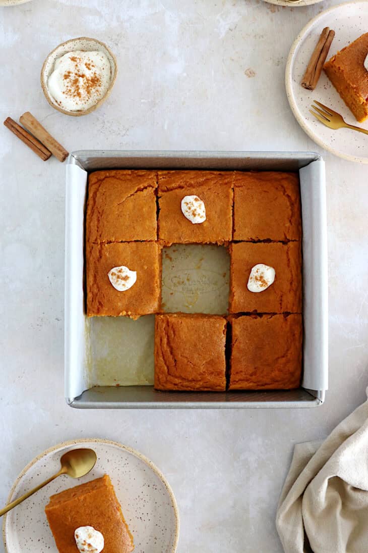 This easy, no-fuss healthy pumpkin cake is moist, tender, lightly sweetened, and loaded with warm and comforting pumpkin flavors.