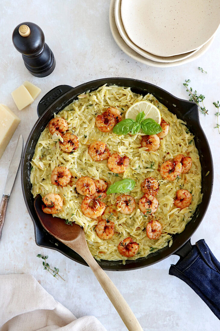 This 30-minute creamy shrimp orzo risotto is prepared with orzo pasta instead of arborio rice and is both quicker and easier to make.