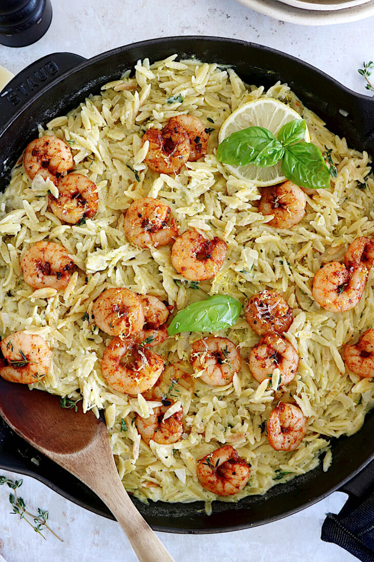 This 30-minute creamy shrimp orzo risotto is prepared with orzo pasta instead of arborio rice and is both quicker and easier to make.