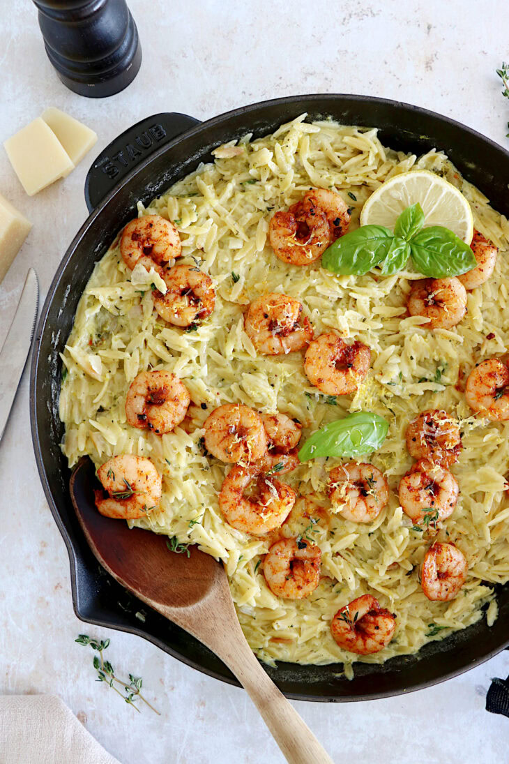 This 30-minute creamy shrimp orzo risotto is prepared with orzo pasta instead of arborio rice and is both quicker and easier to make.