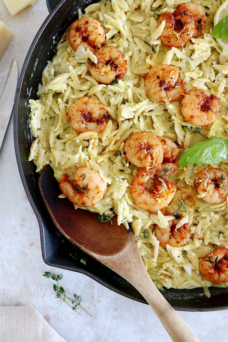 This 30-minute creamy shrimp orzo risotto is prepared with orzo pasta instead of arborio rice and is both quicker and easier to make.