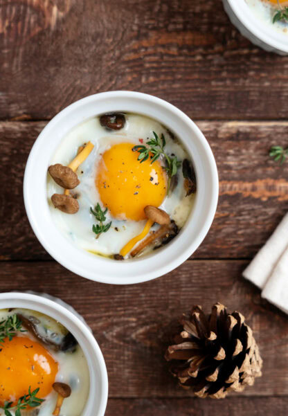 Baked eggs with chanterelles mushrooms make an elegant and festive starter or breakfast. Easy to make, they're delicious with a side of crusty bread.