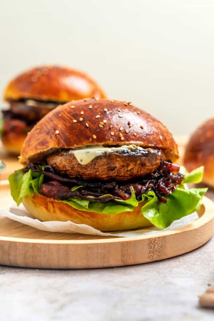 This Portobello mushroom burger with blue cheese and caramelized onions is loaded with incredible umami flavors.