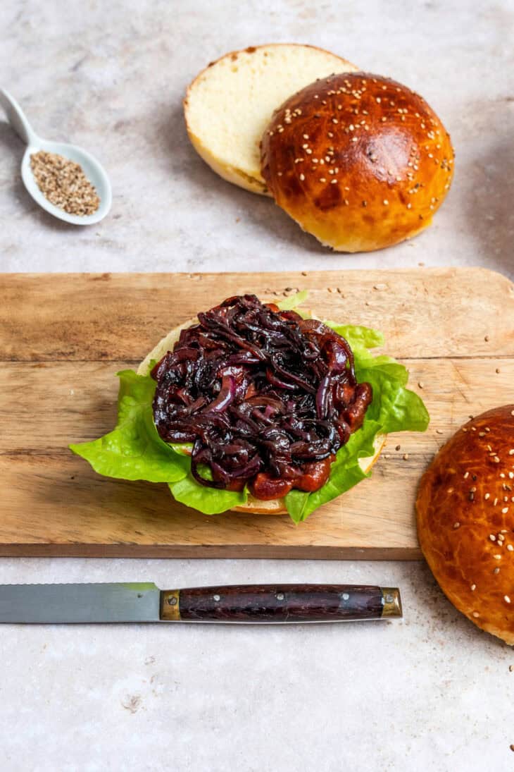 This Portobello mushroom burger with blue cheese and caramelized onions is loaded with incredible umami flavors.