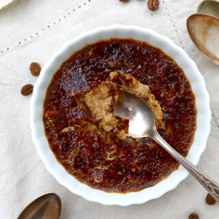 This coffee crème brûlée features a smooth and creamy coffee custard filling and a caramelized sugar topping.
