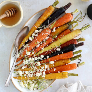 These roasted carrots with feta make a simple vegetarian side for Easter, Thanksgiving, and every occasion in between!